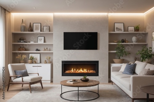 Wallpaper Mural Contemporary living room with fireplace flat-screen tv comfortable couch and neutral decor Torontodigital.ca