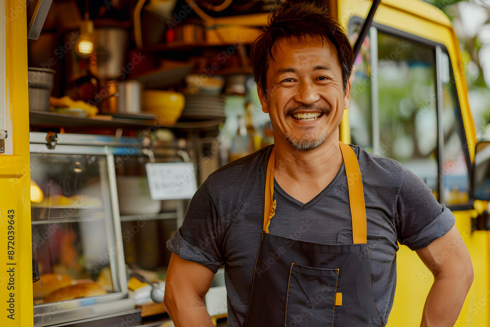 Smiling food truck owner standing in front of his business, wearing a ...