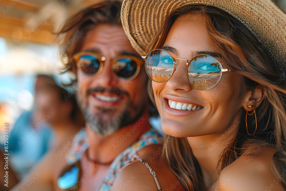 Smiling couple enjoying a sunny day with sunglasses and hats, capturing a joyful and carefree summer vacation moment. Smiling couple enjoying a sunny day with sunglasses and hats, capturing a joyful and carefree summer vacation moment.