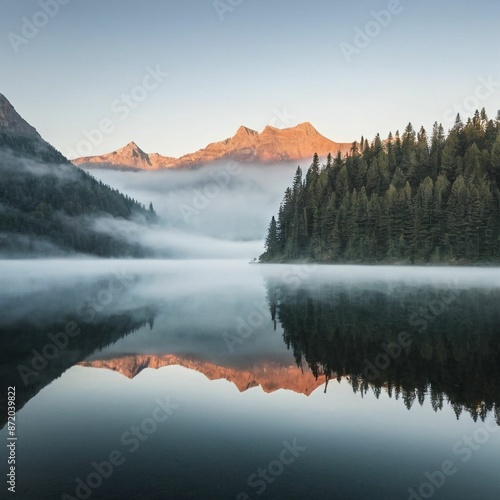 Foggy Mountain Lake at Sunrise With Reflections. 