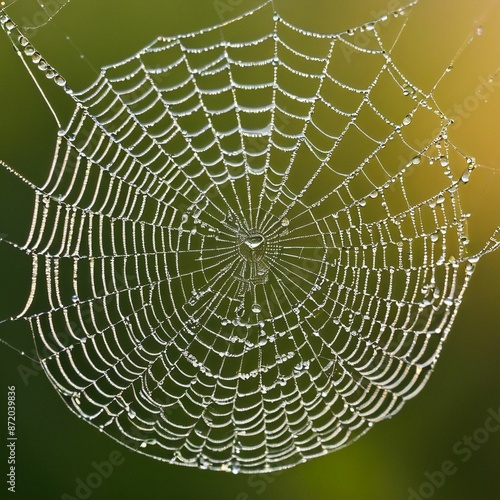 Dew-Covered Spiderweb In Morning Sunlight. 
