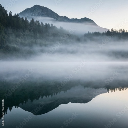 Misty Morning View of a Mountain Lake. 