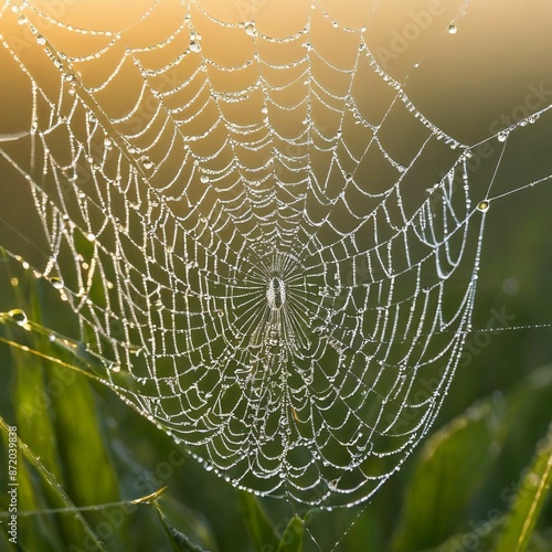 Dew-Covered Spiderweb in Early Morning Sunlight. 