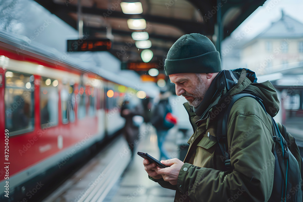 Man in winter clothing using smartphone at a train station with a red train in the background during the evening. Man in winter clothing using smartphone at a train station with a red train in the background during the evening.