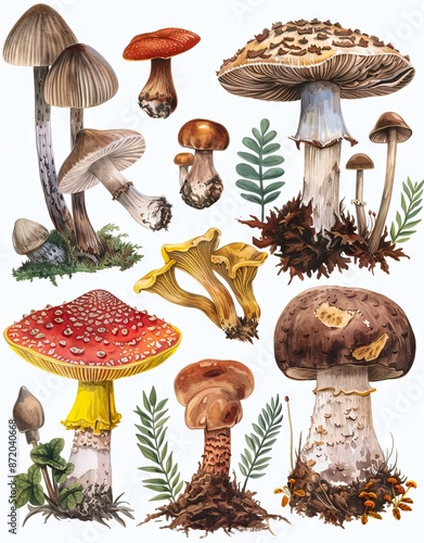 A set of watercolor mushrooms on a white background.