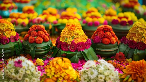 India s onam festival  exploring vibrant decorations and colorful floral displays photo