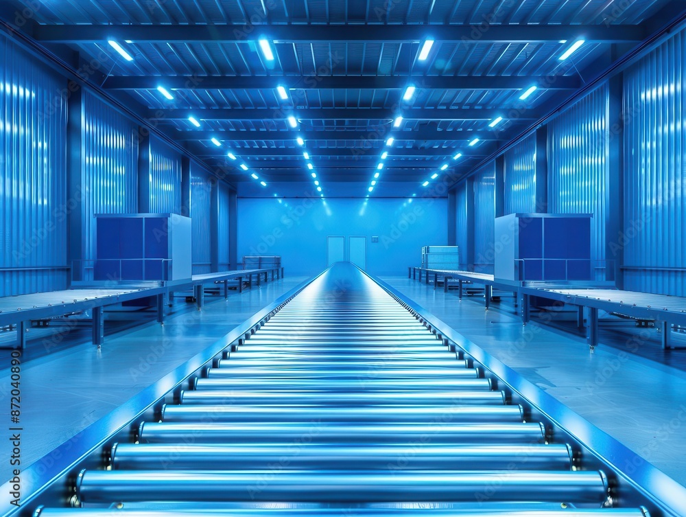 hightech warehouse interior with automated conveyor belt system efficient operations rows of packages cool blue lighting hightech warehouse interior with automated conveyor belt system efficient operations rows of packages cool blue lighting
