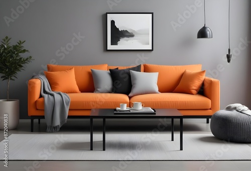 Orange sofa with colorful pillows near a blank white wall and plant decor. Modern interior for mockup, and wall art. Promotion background with copy-space. Generative AI  © Sharif54