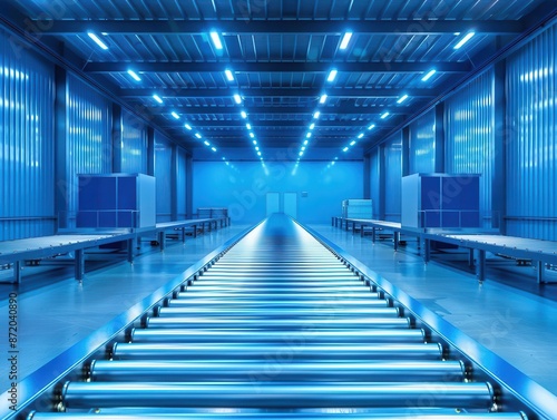 hightech warehouse interior with automated conveyor belt system efficient operations rows of packages cool blue lighting