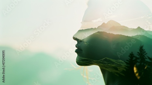 Double Exposure of a Woman's Profile Merged with a Scenic Mountain Landscape for Surreal Visual Art