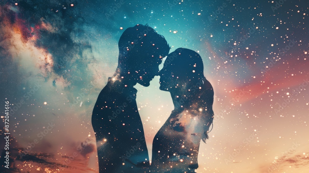 Obraz premium couple silhouette man and woman before kissing, dreamy, beauty fashion style, double exposure with starry galaxy horizontal banner with copy space