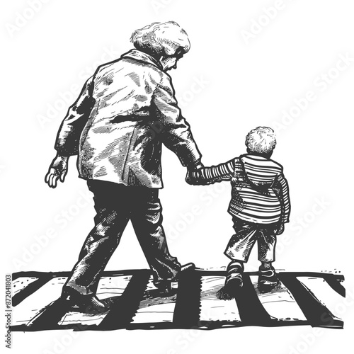 Grandmother and Child Hand-in-Hand Crossing Zebra Stripes, Sketch Illustration.