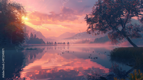 A beautifully realistic photograph of a serene natural landscape, embodying super healing qualities, stress reduction, soothing relaxation, and meditation. This tranquil scene offers a perfect backdro