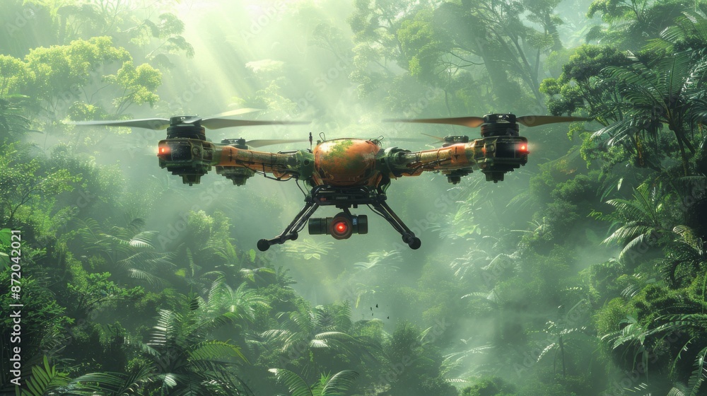 Illustrate a drone assisting in wildlife conservation efforts, tracking endangered species and monitoring poaching activities to protect vulnerable ecosystems and Illustrate a drone assisting in wildlife conservation efforts, tracking endangered species and monitoring poaching activities to protect vulnerable ecosystems and