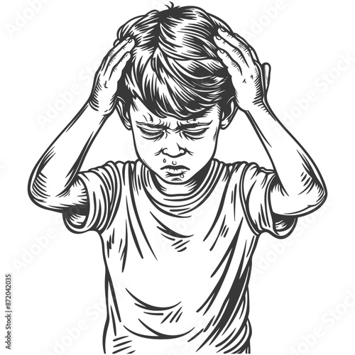 Etched Anguish: Worried Boy with Hands on Head, Vintage Style Illustration.