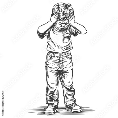 Frustrated Boy: Sketch of a stressed child covering his ears.