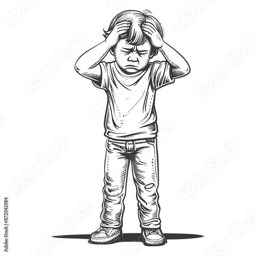 Sketch of frustrated child with hands on head, vintage illustration.