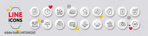 Certificate, Photo camera and Social media line icons. White buttons 3d icons. Pack of Waterproof umbrella, Energy growing, Resume document icon. Interview, Web call, Excise duty pictogram. Vector