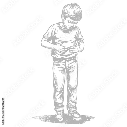 Sketch of Child with Stomachache: Pained Expression, Hands on Abdomen, Gray Scale Illustration.