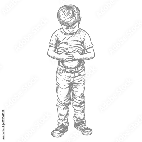 Sketch of a Boy Holding His Stomach, Aching or Full.