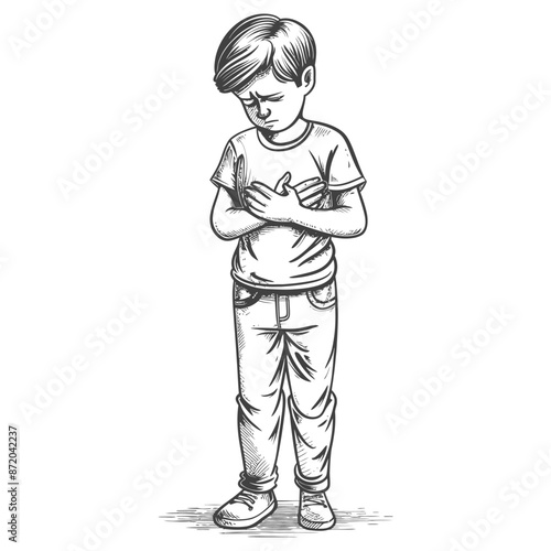 Pencil Sketch of Sad Boy with Crossed Arms on Chest, Downcast Gaze.