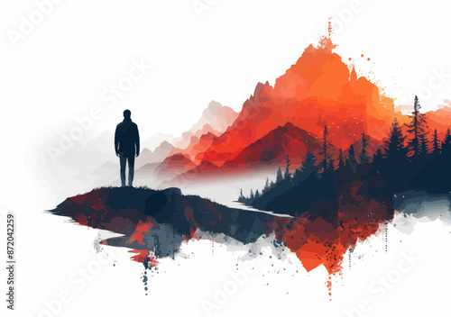 Abstract Minimalistic Illustration of a Person Overlooking Vibrant Red and Orange Mountains with Pine Trees at Sunrise, Conceptual Art for Inspiration, Exploration, and Freedom