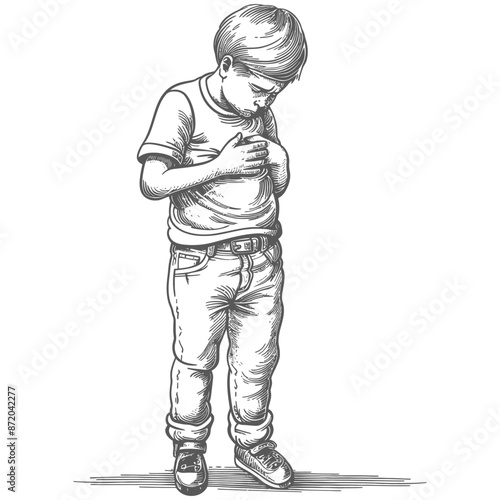 Pensive Boy: Hand-Drawn Sketch of a Youngster Looking Down.