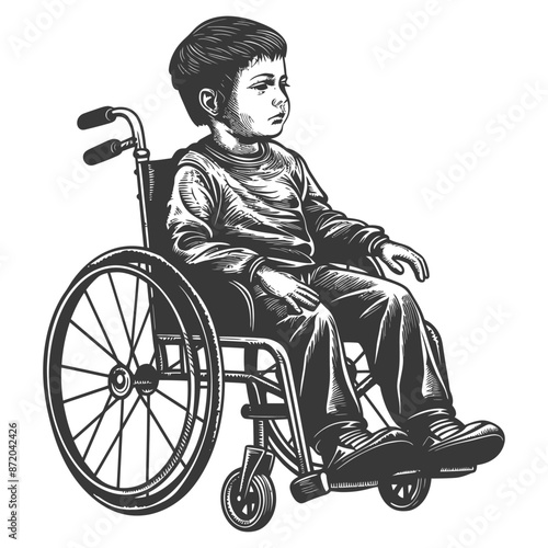 Monochrome Engraving: Thoughtful Boy in Wheelchair, Vintage Style Illustration.