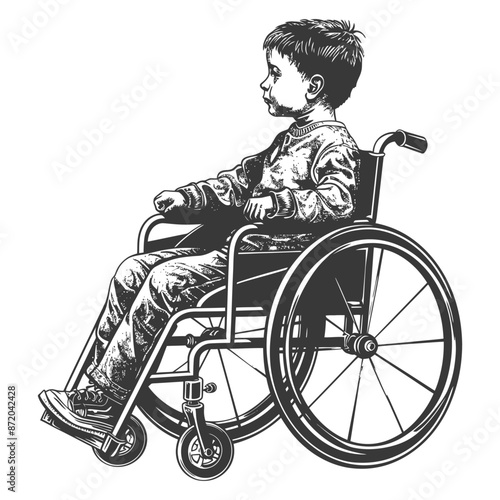 Ink Sketch: Thoughtful Boy in Wheelchair, Side Profile, Hopeful Expression, Disability Awareness Illustration.