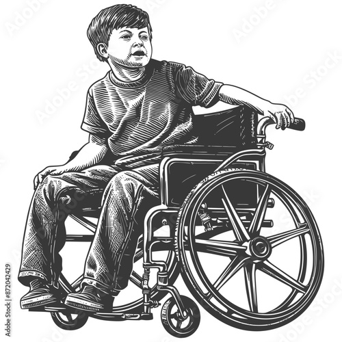 Engraved Portrait: Boy in Wheelchair, Forward Gaze.