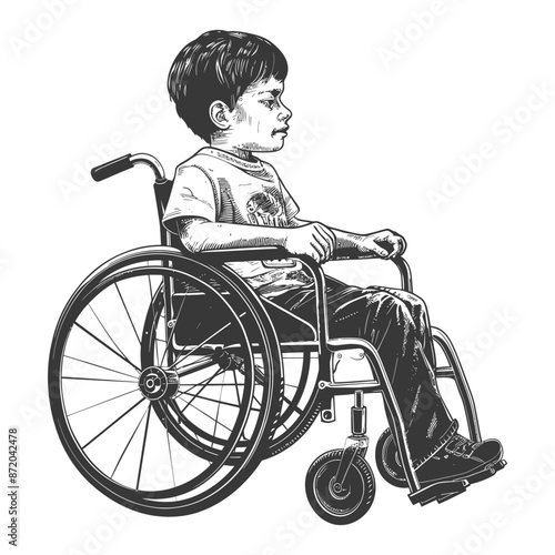 Pensive Boy in Wheelchair: Vintage Illustration, Hopeful Gaze.