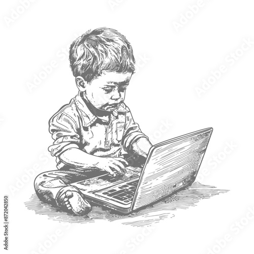 Focused Toddler: Cross-legged on Floor, Sketch Style, Concentrating on Laptop.