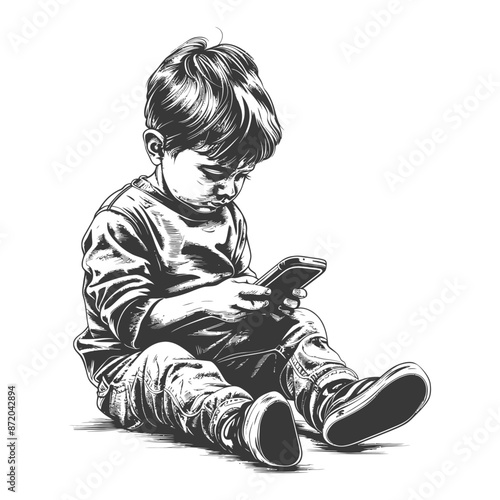 Pensive child engrossed in smartphone, detailed monochrome sketch on white background.