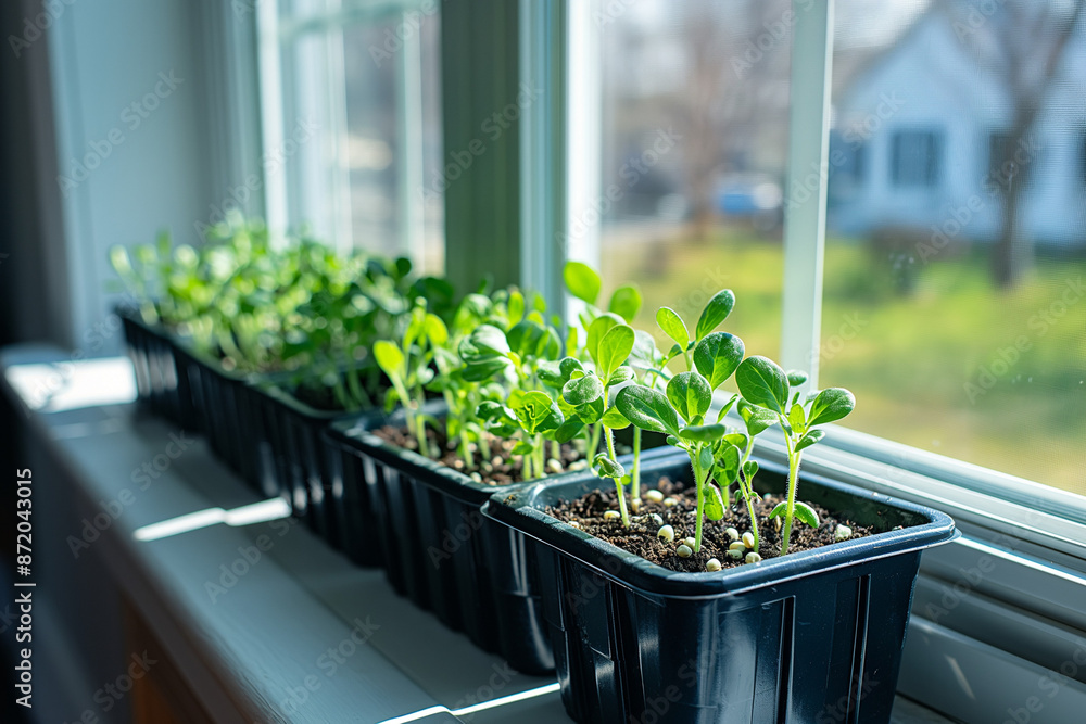Fototapeta premium Growing sprout near window in the apartment, plants indoors in a garden greenhouse.