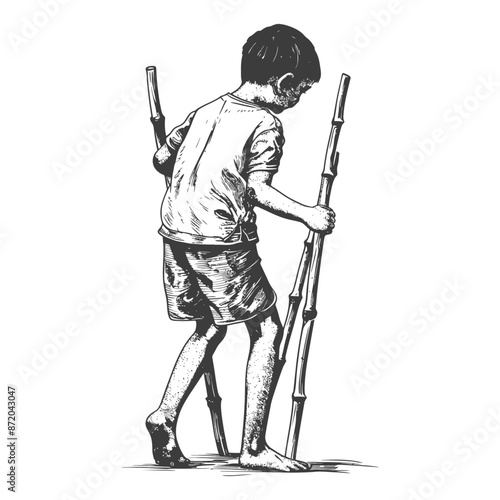 Ink Sketch: Boy Learning to Walk on Bamboo Stilts, Barefoot.