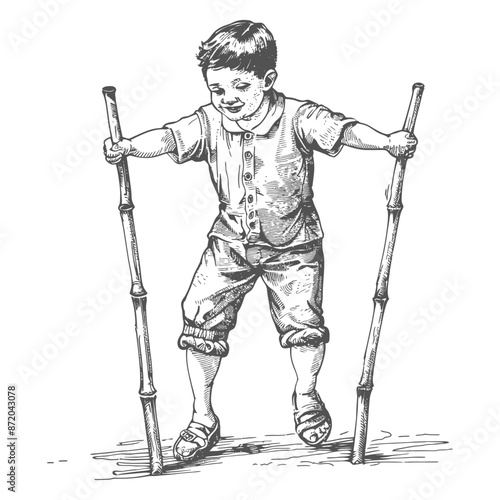 Vintage Sketch: Boy Balancing on Bamboo Stilts, Childhood Game, Retro Illustration.