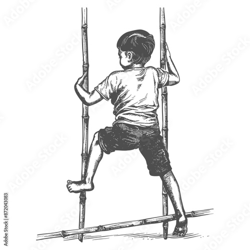 Vintage Boy on Bamboo Stilts, Childhood Game Illustration.