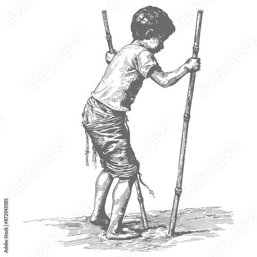Vintage Engraving: Boy on Bamboo Stilts, Childhood Game.