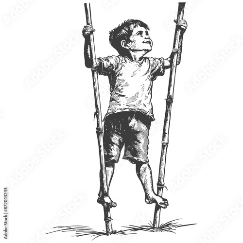 Stilt Walker: Boy Balancing on Bamboo Stilts, Hand-Drawn Illustration