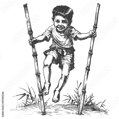 Boy Leaping on Bamboo Stilts, Hand-Drawn Illustration, Joyful Childhood, Black and White Sketch.