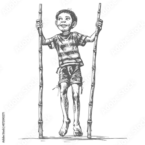 Sketch of Boy on Bamboo Stilts: Childhood Fun, Cultural Play.