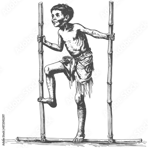 Boy on Bamboo Stilts: Rural Life Sketch, Barefoot, Primitive Game