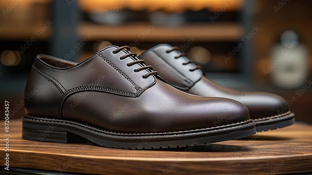 Polished brown leather shoes displayed against a warm, wooden backdrop, reflecting craftsmanship and elegance. Polished brown leather shoes displayed against a warm, wooden backdrop, reflecting craftsmanship and elegance.
