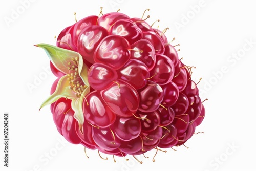 A highly detailed illustration of a raspberry, showcasing its glossy skin and translucent flesh. The image highlights the fruit's intricate textures and vibrant color.