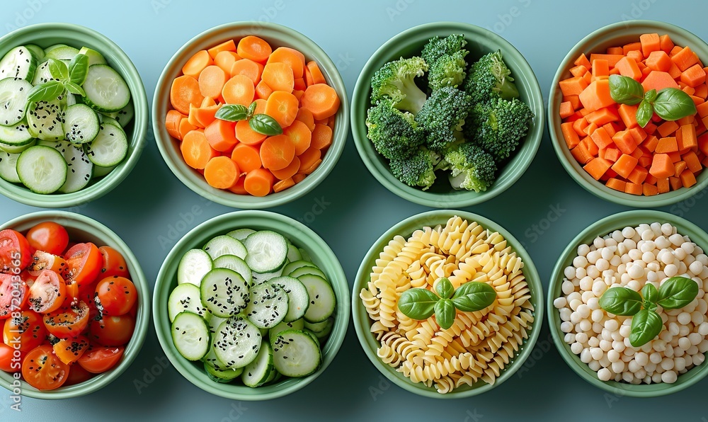 kids nutrition concept fresh foods in green silicone dishes against a blue background it includes tomatoes cucumbers mixed vegetable rice baby carrots broccoli, pasta.stock image kids nutrition concept fresh foods in green silicone dishes against a blue background it includes tomatoes cucumbers mixed vegetable rice baby carrots broccoli, pasta.stock image