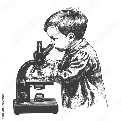 Curious Child Scientist: Vintage Engraving of Boy Examining Specimen Through a Microscope.