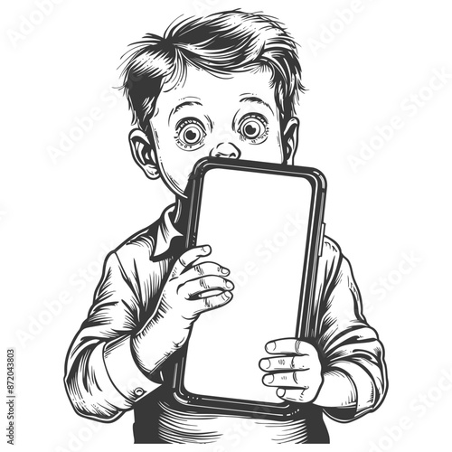 Shocked Boy Stares at Blank Tablet Screen - Vintage Style Etching