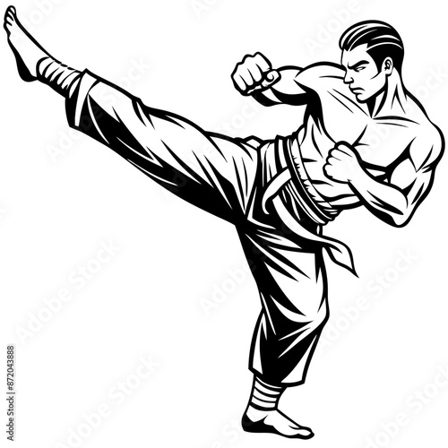 Black silhouette of a young karate student in a dynamic pose, perfect for a martial arts vector illustration