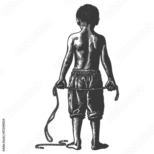 Boy with Rope: Etching of Bare Back, Childhood Pastime, Simple Joy