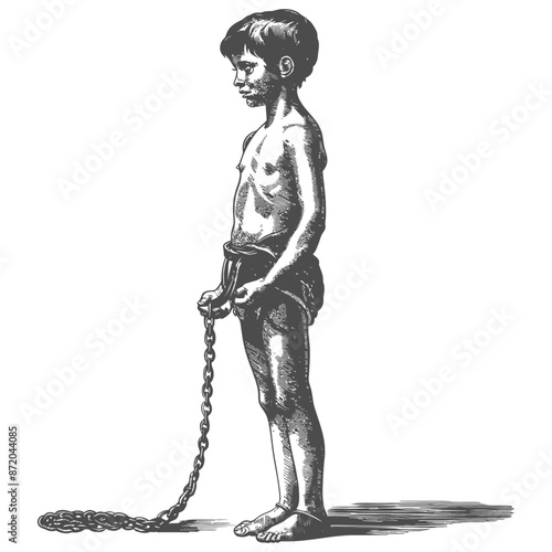 Engraved Boy in Chains: Side View, Poverty and Injustice Concept.